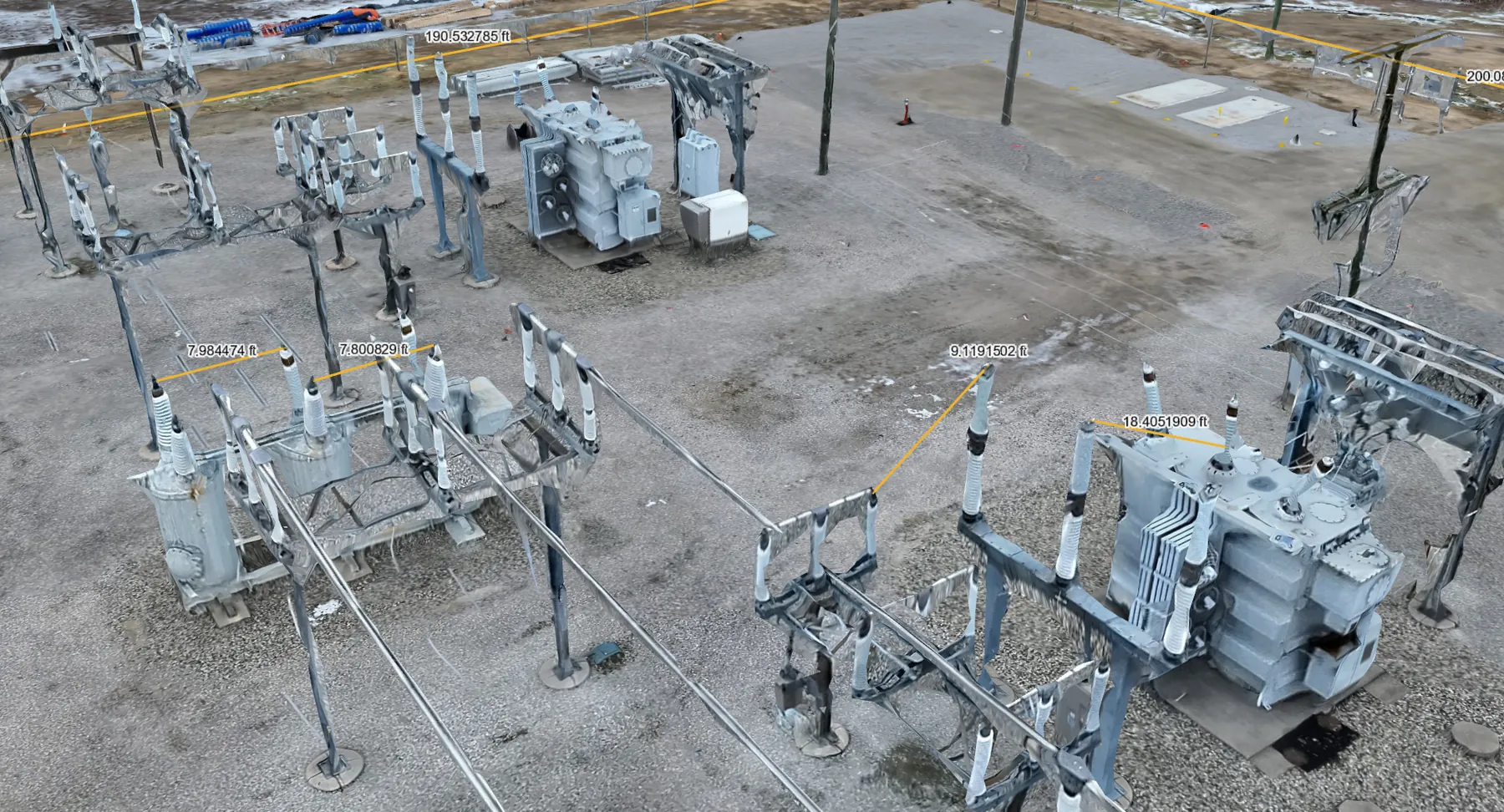 3D drone model of a substation with yellow measurement lines showing distances in feet between transformers, bus work and structures